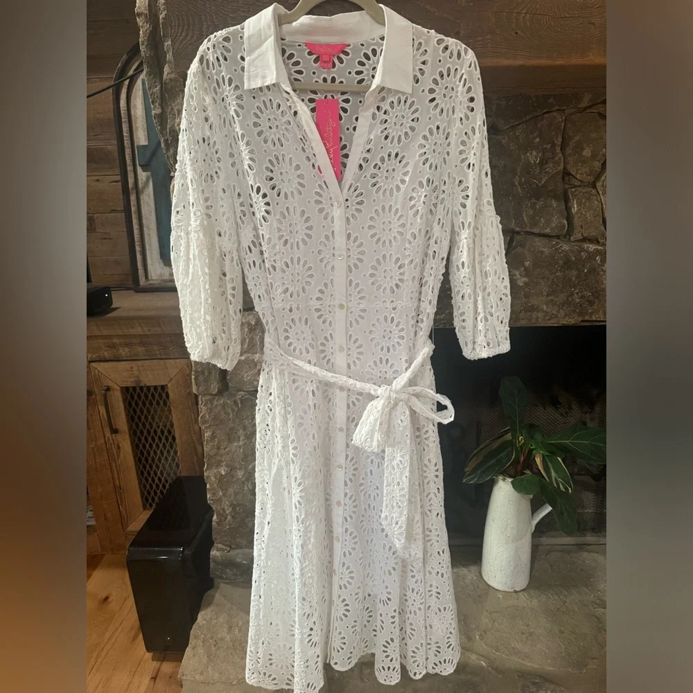 NEW Lilly Pulitzer MIALYNN MIDI EYELET SHIRT DRESS White Pinwheel - Picture 4 of 5